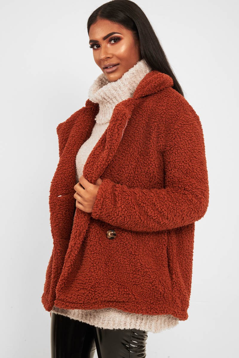 Rust Borg Button Front Coat - Dasia-Coats