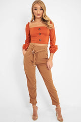 Rust Button Front Puff Sleeve Crop Top - Analiese-Crop Tops