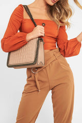 Rust Button Front Puff Sleeve Crop Top - Analiese-Crop Tops