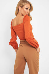 Rust Button Front Puff Sleeve Crop Top - Analiese-Crop Tops