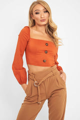 Rust Button Front Puff Sleeve Crop Top - Analiese-Crop Tops