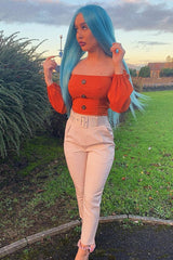Rust Button Front Puff Sleeve Crop Top - Analiese-Crop Tops