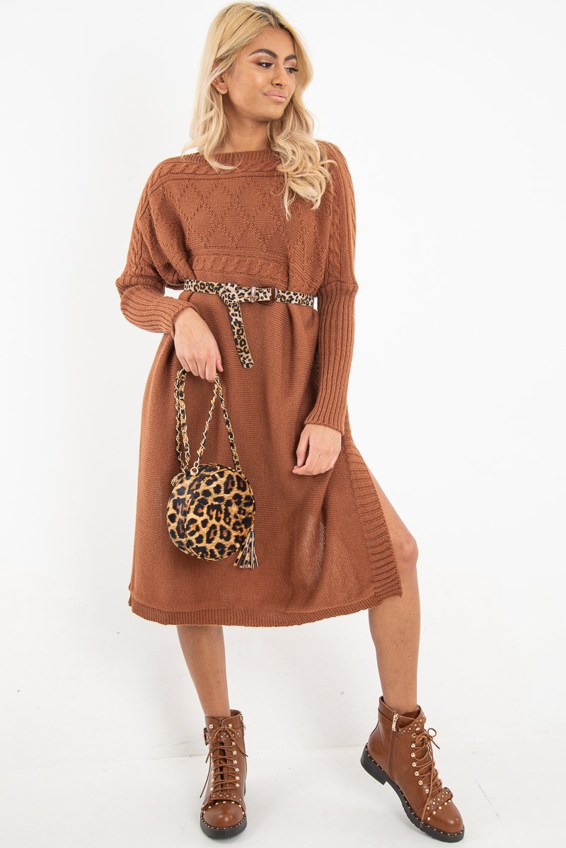 Rust Cable Knit Side Split Jumper Dress - Maniya Rebellious Fashion Rust Cable Knit Side Split Jumper Dress - Maniya Rebellious Fashion