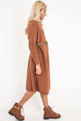 Rust Cable Knit Side Split Jumper Dress - Maniya-Dresses