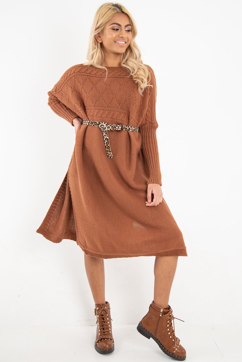 Rust Cable Knit Side Split Jumper Dress - Maniya Rebellious Fashion Rust Cable Knit Side Split Jumper Dress - Maniya Rebellious Fashion