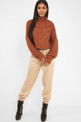 Rust Cable Knit Sleeve Detail Jumper - Miyonna-Jumper