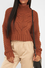 Rust Cable Knit Sleeve Detail Jumper - Miyonna-Jumper