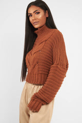 Rust Cable Knit Sleeve Detail Jumper - Miyonna-Jumper