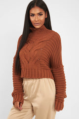 Rust Cable Knit Sleeve Detail Jumper - Miyonna-Jumper