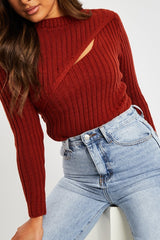 Rust Chest Cut Out Knit Jumper - Heather-Jumper
