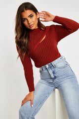 Rust Chest Cut Out Knit Jumper - Heather-Jumper