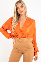 Rust Chiffon Plunge Blouson Sleeve Bodysuit - Liah-Bodysuits