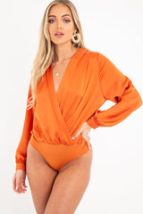 Rust Chiffon Plunge Blouson Sleeve Bodysuit - Liah-Bodysuits