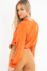Rust Chiffon Plunge Blouson Sleeve Bodysuit - Liah-Bodysuits