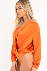 Rust Chiffon Plunge Blouson Sleeve Bodysuit - Liah-Bodysuits
