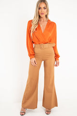 Rust Chiffon Plunge Blouson Sleeve Bodysuit - Liah-Bodysuits