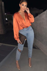 Rust Chiffon Plunge Blouson Sleeve Bodysuit - Liah-Bodysuits