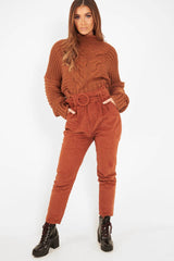 Rust Corduroy Belted Tapered Trousers - Janelle-Trousers