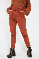 Rust Corduroy Belted Tapered Trousers - Janelle-Trousers