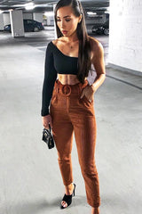 Rust Corduroy Belted Tapered Trousers - Janelle-Trousers