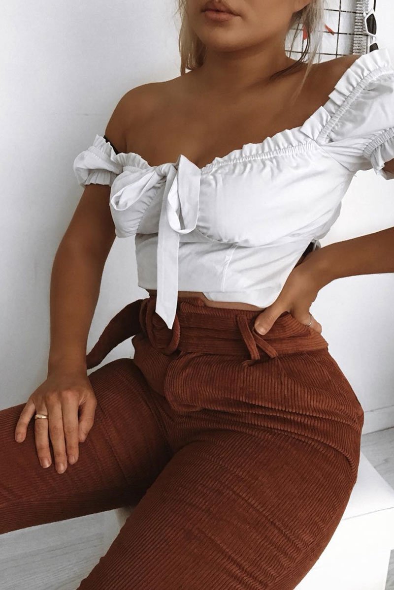 Rust Corduroy Belted Tapered Trousers - Janelle-Trousers