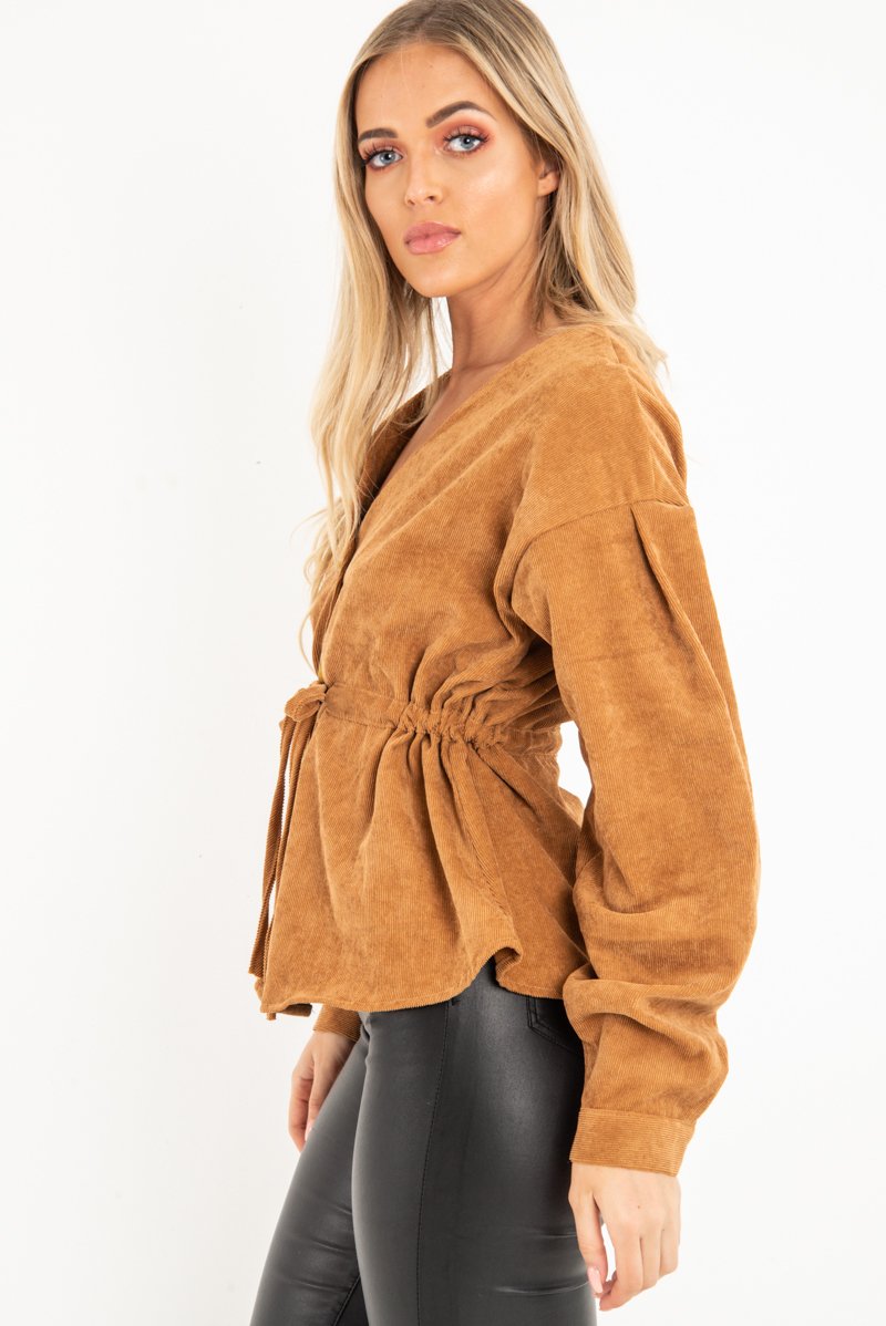 Rust Corduroy Drawstring Buttoned Blouse - Willard-Blouse