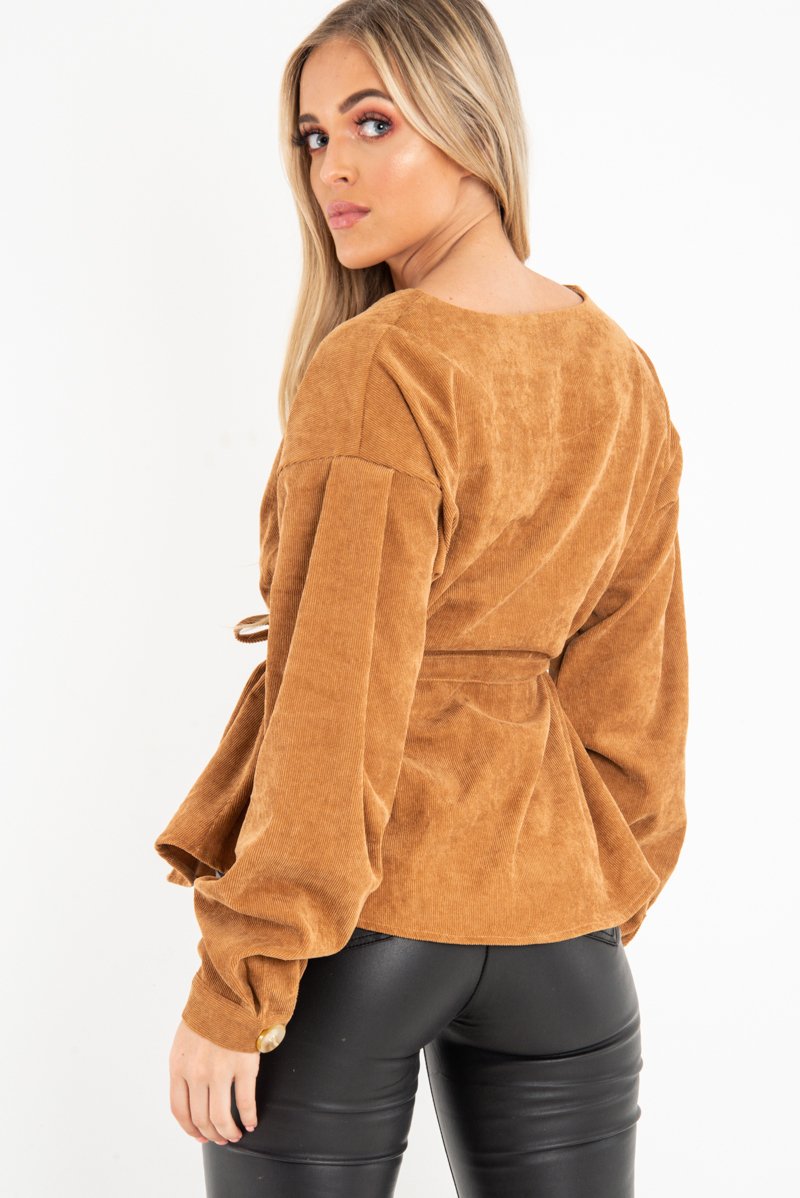 Rust Corduroy Drawstring Buttoned Blouse - Willard-Blouse