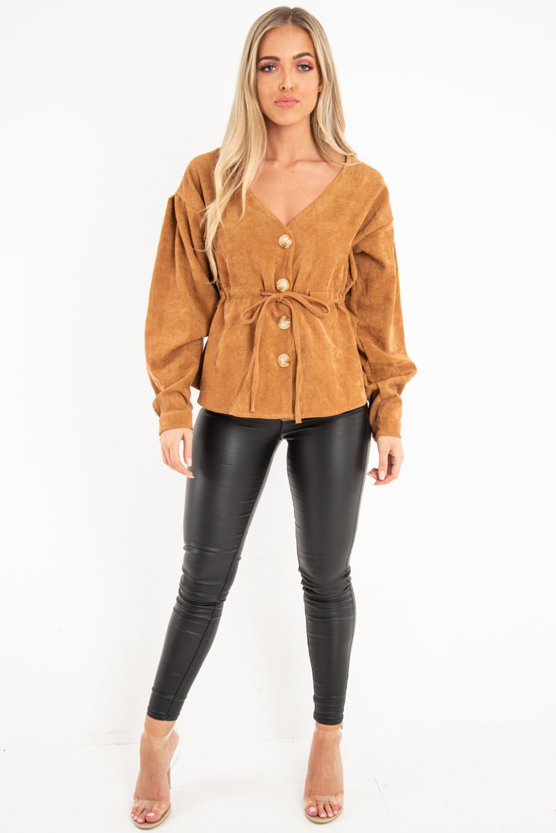 Rust Corduroy Drawstring Buttoned Blouse - Willard-Blouse