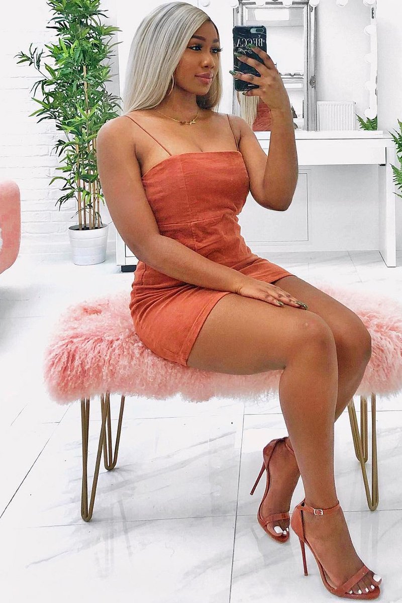 Rust Corduroy Spaghetti Strap Mini Dress - Holli-Dresses