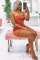 Rust Corduroy Spaghetti Strap Mini Dress - Holli-Dresses