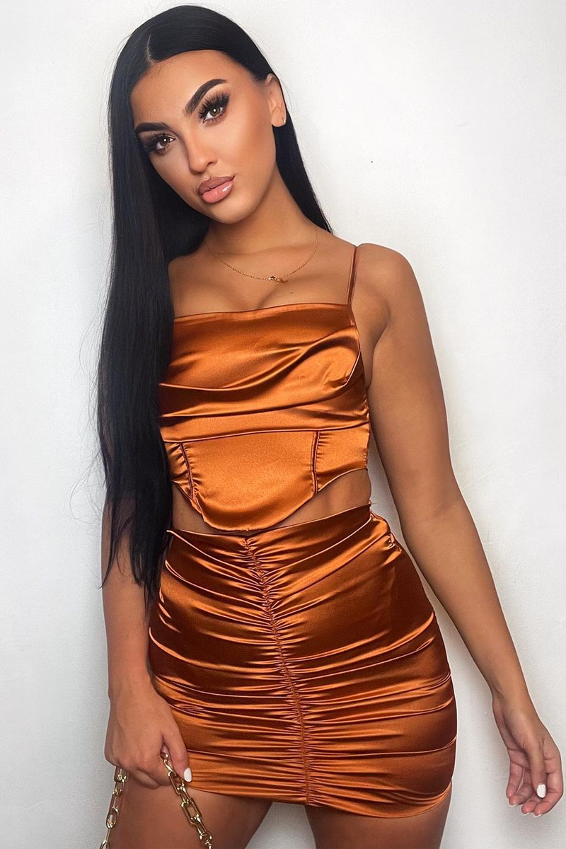 Rust Cowl Neck Satin Corset Top - Skylar