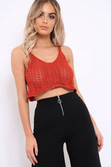 Rust Crochet Scalloped Hem Crop Top - Alexi-Crop Tops