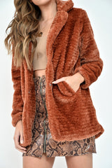 Rust Faux Fur Popper Button Coat - Clarisa-Coats