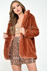 Rust Faux Fur Popper Button Coat - Clarisa-Coats