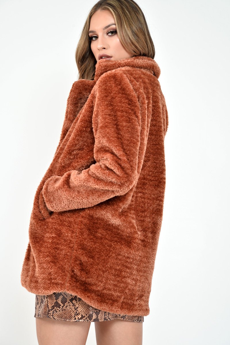 Rust Faux Fur Popper Button Coat - Clarisa-Coats