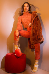 Rust Faux Fur Popper Button Coat - Clarisa-Coats