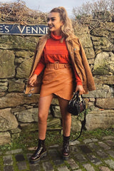 Rust Faux Leather Belted Wrap Mini Skirt - Skye-Skirts