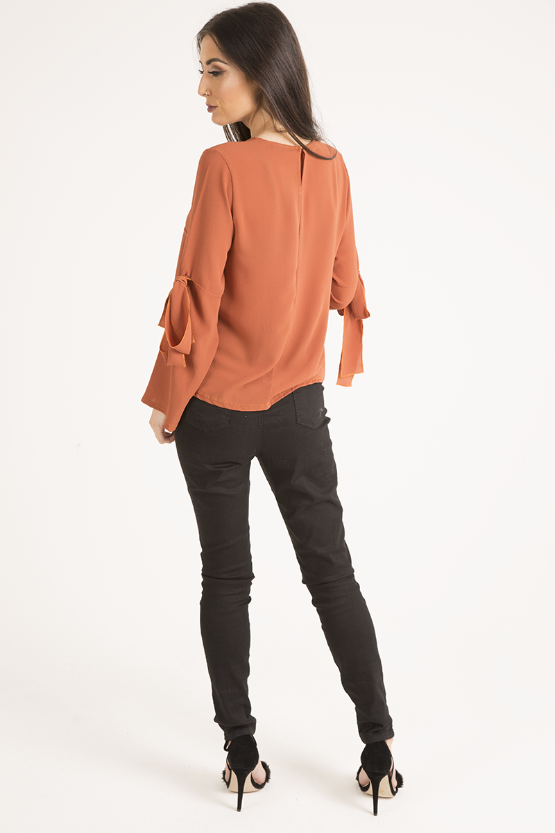 Rust Flared Tied Sleeve Top - Birdie-Tops