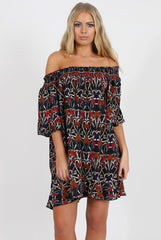 Rust Floral Bardot Ruffly Trim Detail Dress- Stefi-Dresses