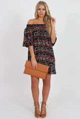 Rust Floral Bardot Ruffly Trim Detail Dress- Stefi-Dresses