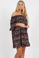 Rust Floral Bardot Ruffly Trim Detail Dress- Stefi-Dresses