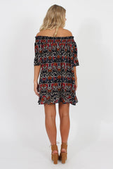 Rust Floral Bardot Ruffly Trim Detail Dress- Stefi-Dresses