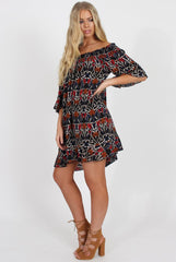 Rust Floral Bardot Ruffly Trim Detail Dress- Stefi-Dresses