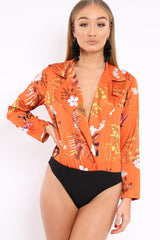 Rust Floral Plunge Satin Bodysuit - Rebeka-Bodysuits