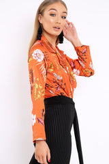Rust Floral Plunge Satin Bodysuit - Rebeka-Bodysuits