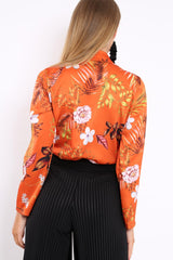 Rust Floral Plunge Satin Bodysuit - Rebeka-Bodysuits