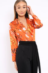 Rust Floral Plunge Satin Bodysuit - Rebeka-Bodysuits