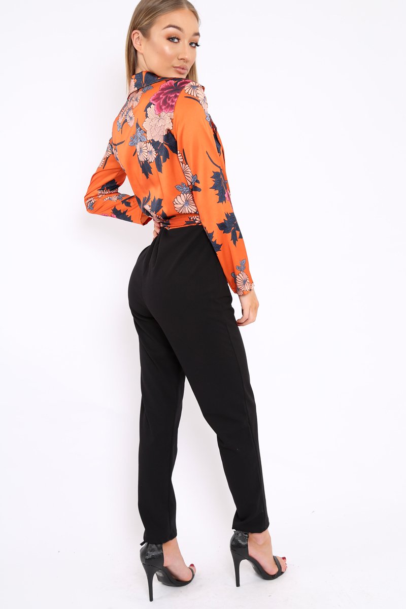 Rust Floral Plunge Satin Wrap Front Jumpsuit - Talulah-Jumpsuits