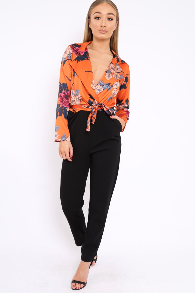 Rust Floral Plunge Satin Wrap Front Jumpsuit - Talulah-Jumpsuits