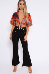 Rust Floral Print Satin Tie Crop Top - Kynslee-Crop Tops
